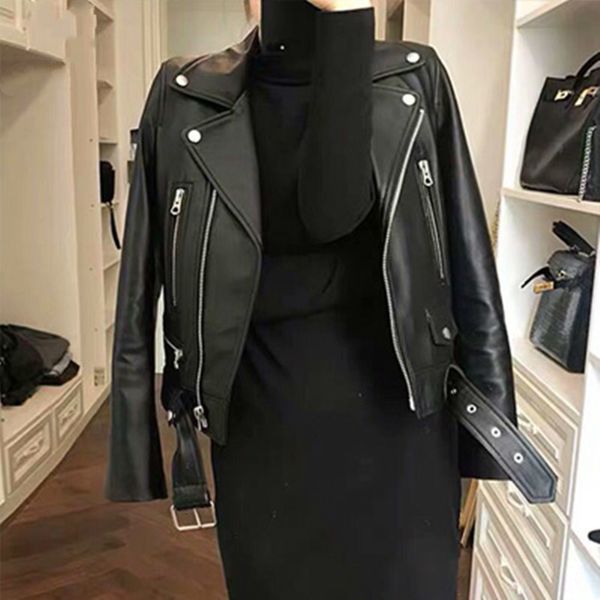 

2021 new leather of female motorcycle lambskin short spring jacket, Black