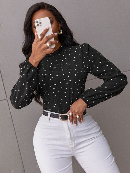 

confetti heart print bishop sleeve frilled neck blouse c9fw#, White