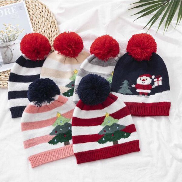 

a-children knitting striped xmas tree pattern hat winter outdoor ski caps kids pom beanies baby warm skull cap dhc2761