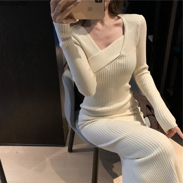 

chic korea fashion fenimine vestidos women office lady long sleeve solid bandage bodycon knitted sweater dress d0922, Black;gray