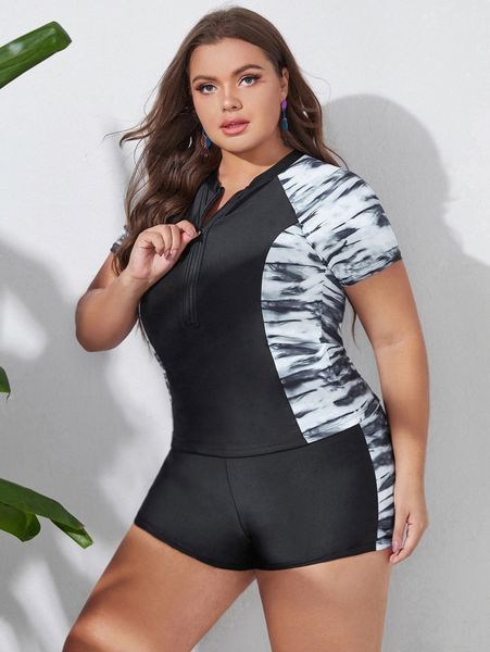 

plus tie dye zipper front bikini swimsuit j2d6#, Black