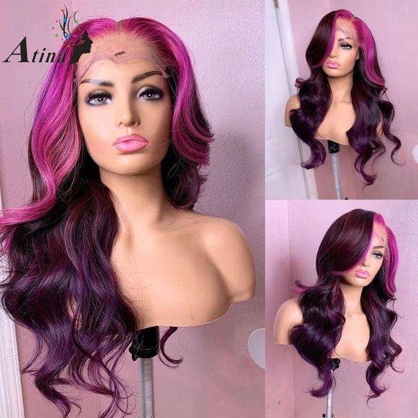 

lace wigs purple colored human hair wig pre plucked brazilian remy wavy ombre highlight rose red hd transparent front atina, Black;brown