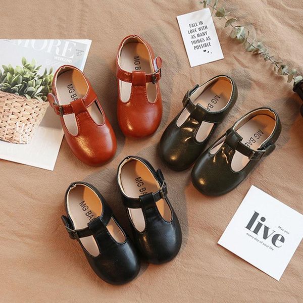 

flat shoes 2021 toddler little girl black brown green leather princess dress autumn, Black;grey