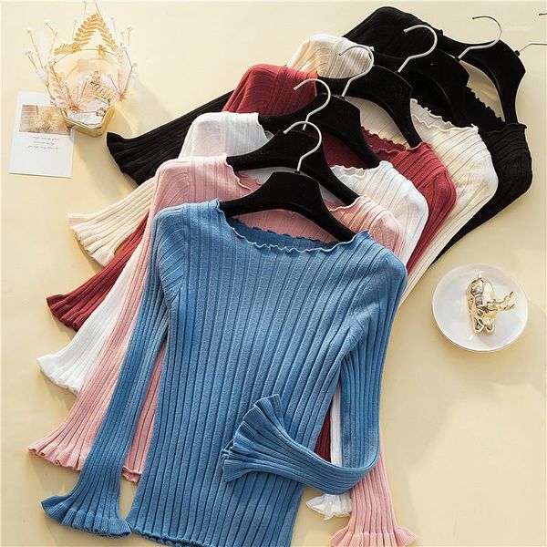 

2020 new autumn winter o-neck sweater women fashion flare sleeve solid knit pullover women slim jumper sweater female knit 1, White;black