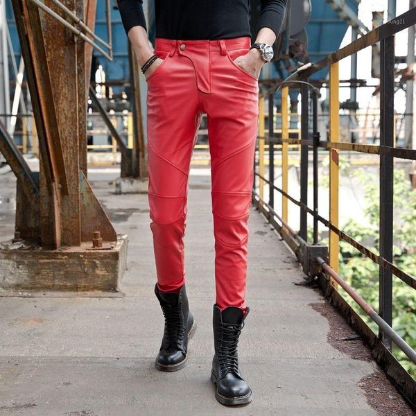 

men's pants mens slim fit pu autumn winter thick fleece lining long trousers korean stretchy motorcycle biker leather pants1, Black