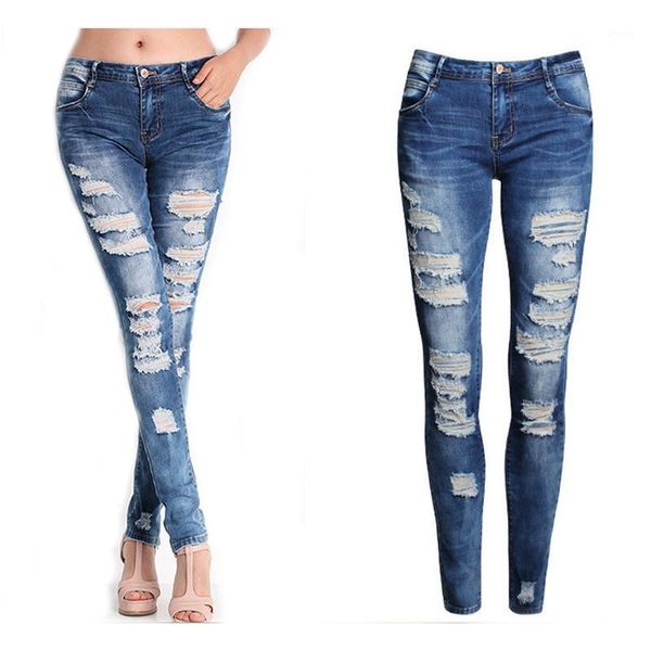 

new fashionable women denim hole skinny pants casual blue high waist stretch jeans with pocket for 2019 female1