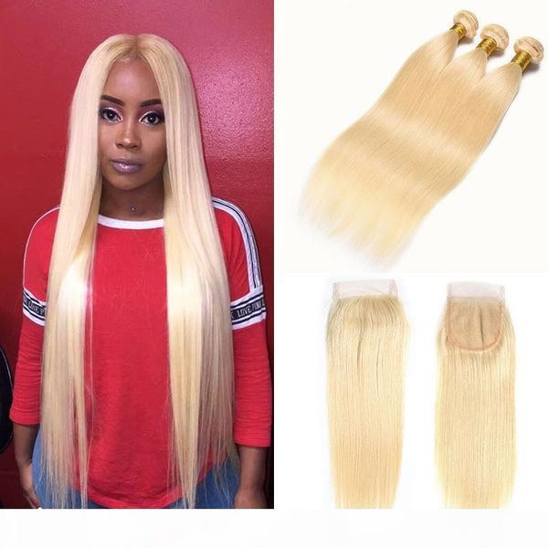 

straight 613 blonde human hair 3 bundles with 4x4 part lace closure 10-24 inch silky straight brazilian virgin hair weaves extension, Black;brown