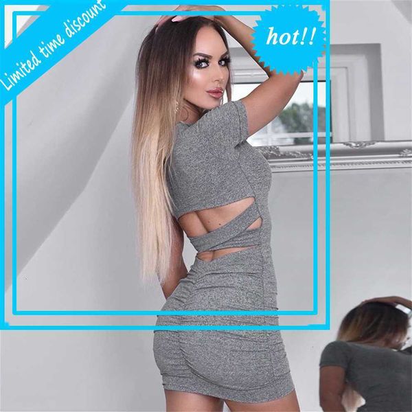 

summer bodycon hip women stylish effects u-neck backless hollow short mouw slim party mini dress, Black
