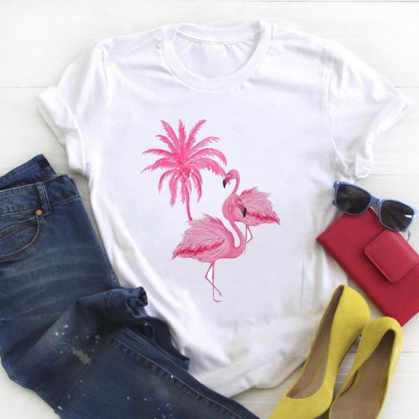 

women cartoon flamingo beach vacation fashion print summer t tee ladies female shirt clothes tshirt womens graphic t-shirt, White