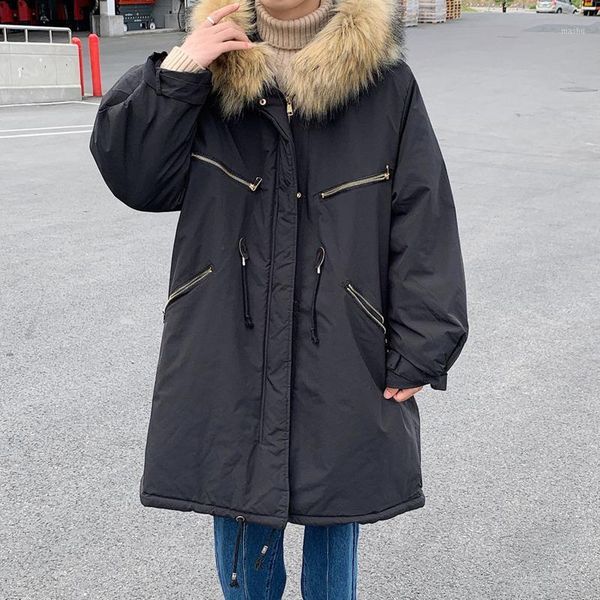 

winter thickened long coat men's warm fashion casual fur collar hooded coat men loose korean oversize mens overcoat m-5xl1, Black