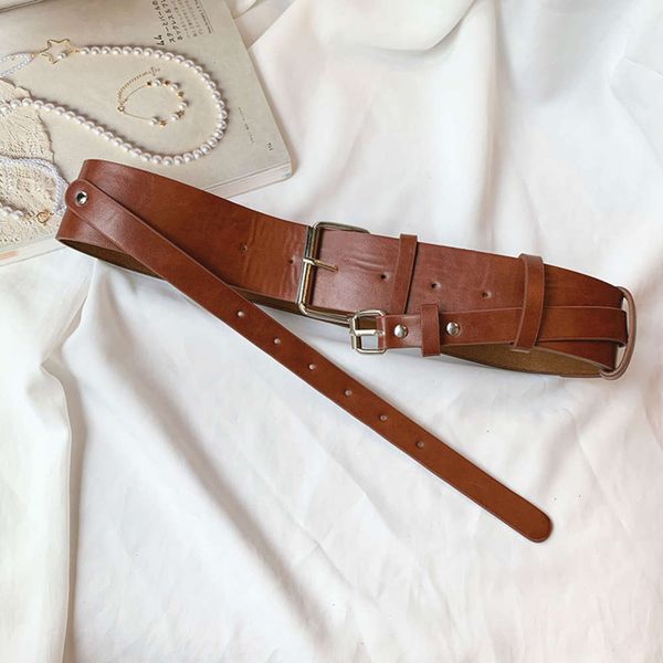 

korean fashion inside and outside double pin buckle waistband women's decoration with sweater coat versatile leisure wide belt, Black;brown