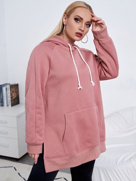 

plus kangaroo pocket slit hem raglan sleeve drawstring thermal hoodie 32f3#, Black