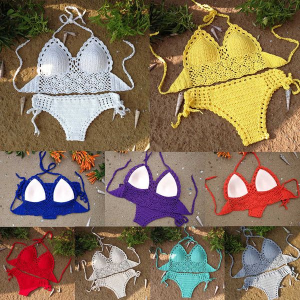 

hand crochet bikini suit push up swimsuit bandage bathing suits padq2yr