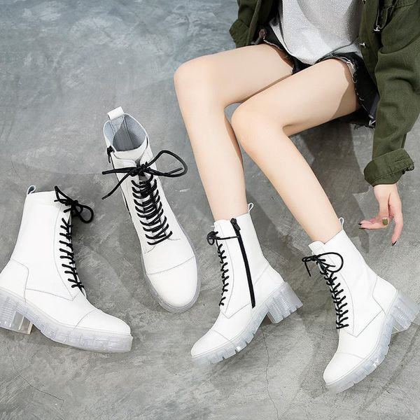

boots aq473 women autumn winter ankle white split leather with clear outsole and lining without plush fur inside, Black