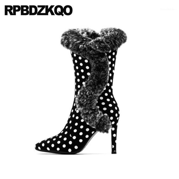

boots shoes big size plaid pointed toe mid calf 10 black and white stiletto side zip high heel women polka dot sheepskin luxury1