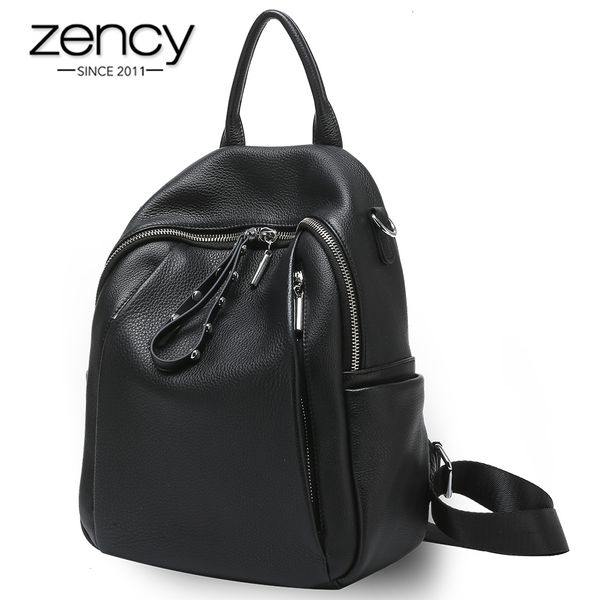 

zency 100% genuine leather fashion women backpack daily casual travel bag schoolbag for girls black knapsack