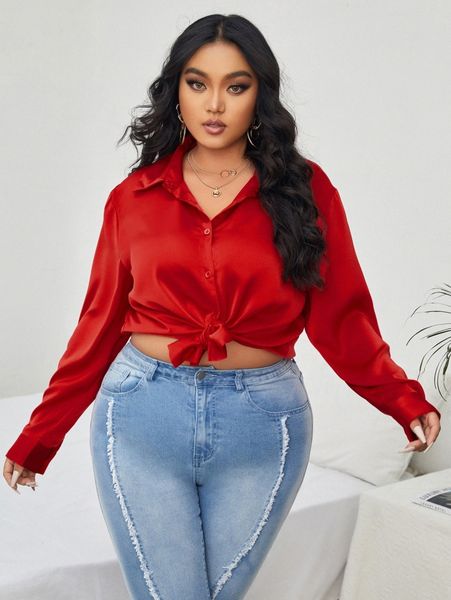 

plus solid button front blouse t8yj#, Black