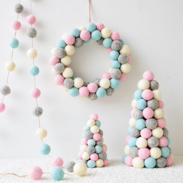 

mini xmax felt ornaments ins tree tabledecoration wool ball string christmas wreath ornament qw246