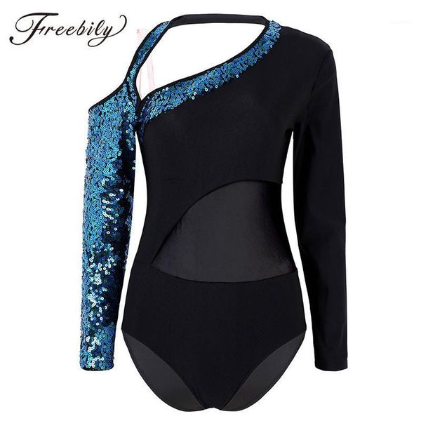 

women shiny sequins long sleeves mesh splice ballet gymnastics leotard ballerina rave stage performance lyrical dance costumes1, Black;red