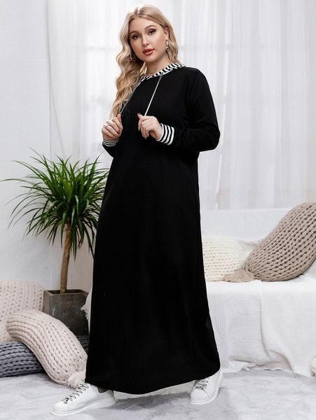 

plus striped drawstring maxi hoodie dress 35z6#, Black