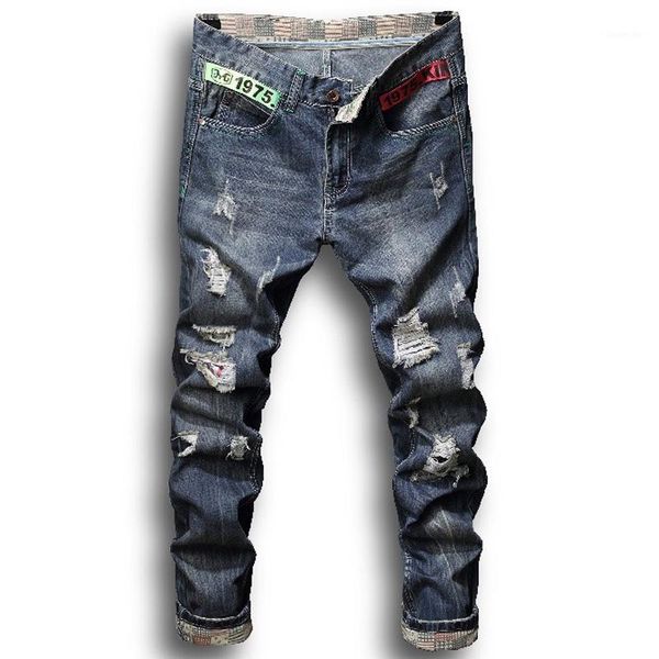 

men jeans stretchy ripped skinny biker jeans destroyed hole taped slim fit denim men1, Blue