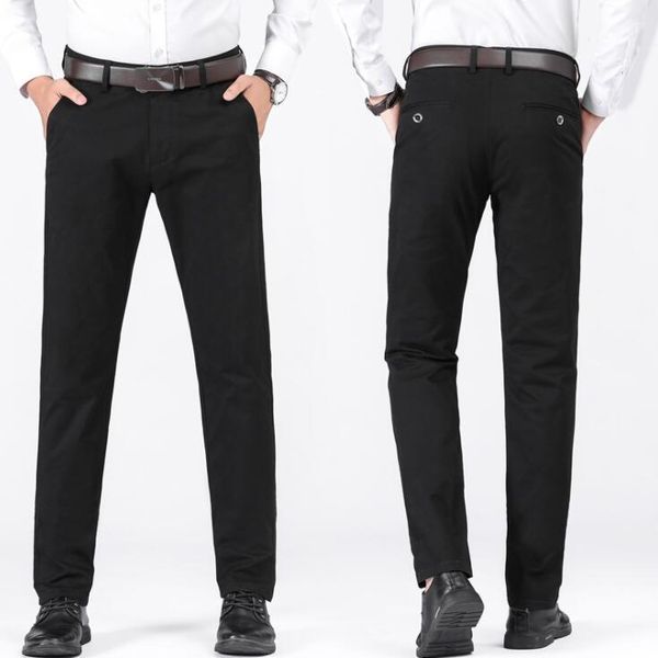 

autumn new style brushed cotton casual pants men's autumn fit version straight trousers cotton elastic business men's trousers, Black
