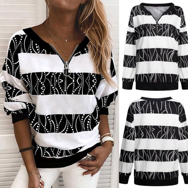 

casual autumn and winter v-neck zipper abstract long women fashion geometry stripe print blouse sweaters blusas mujer 20211, White