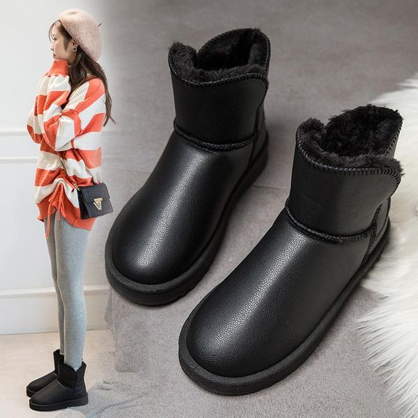 

new winter women snow boots warm women's leather ankle warm boots woman waterproof shoes large size 35-41, Black