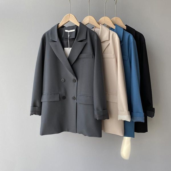 

mooirue spring office women blazer double breasted black gray blue beige basic suit coat loose long sleeve top, White;black