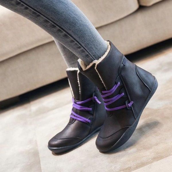 

women boots pu leather women ankle boots fashion warm for lace-up casual winter shoes big size 35-43, Black