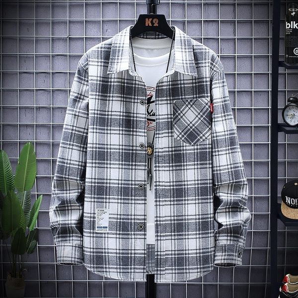 

godln plaid men's autumn new korean loose fashion long sleeve casual handsome versatile coat shirt shirt shirtcoat men's wear 03r2, Blue