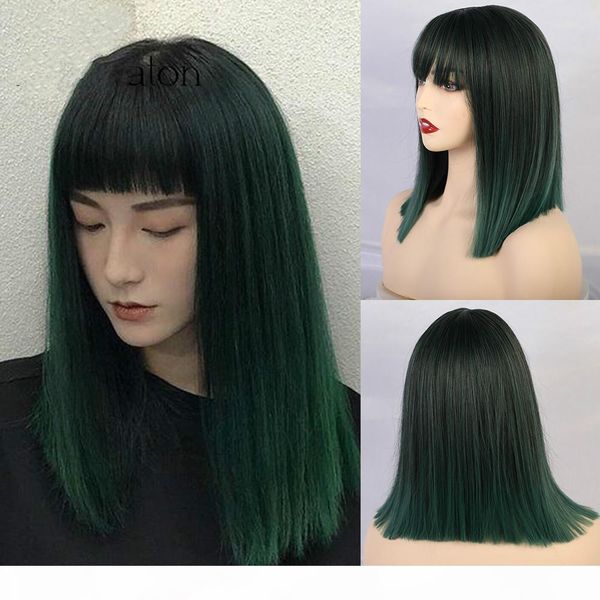 

women medium straight synthetic wigs high temperature hair with fringe bangs mix green black bobo lolita cosplay wig