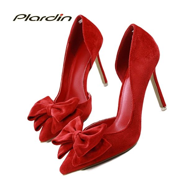 

plardin woman sweet bowtie pointed toe fashion women party wedding ladies shoes butterfly-knot side hollow women high heel shoes y200113, Black