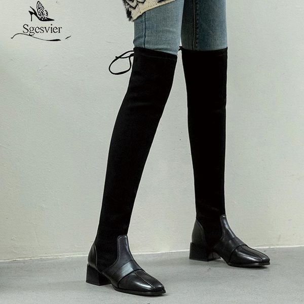 

sgesvier over the knee boots women antumn winter party basic shoes woman pu leather square toe high boots slim thick heels, Black