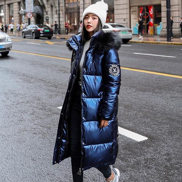 

winter parka coats glossy jacket women down cotton jackets long hooded thicken patch design fashion loose chaqueta mujer#41, Black