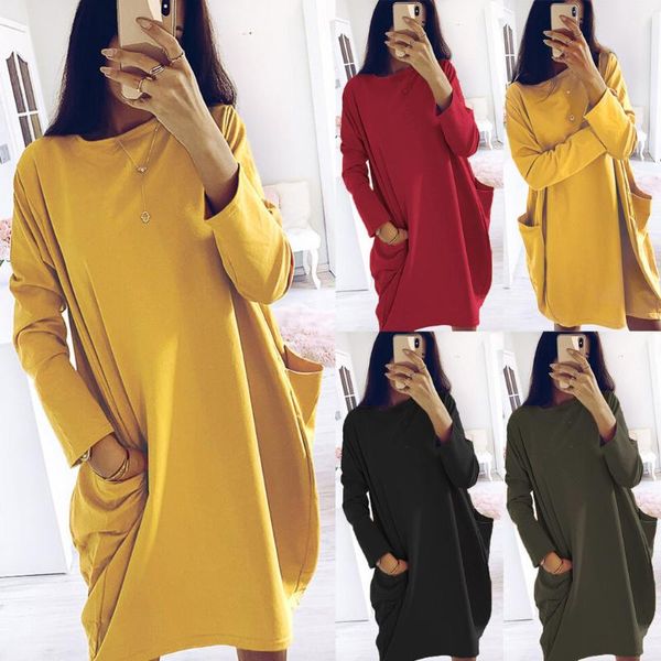 

casual dresses plus size women long sleeve pockets tunic ladies loose pullover winter autumn t shirt blouse dress #40, Black;gray