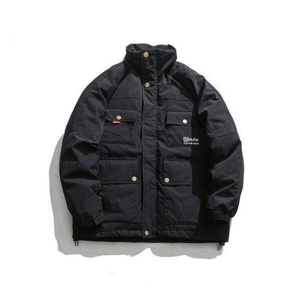 

quality pocket overalls cotton-padded jacket for men winter thick solid color loose stand collar student cotton-padded jacket, Black