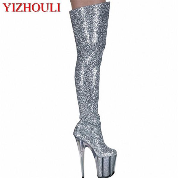 

shining silver 20cm ultra high heels boots barreled platform fashion pu leather 8 inch performance shoes thigh high boots, Black