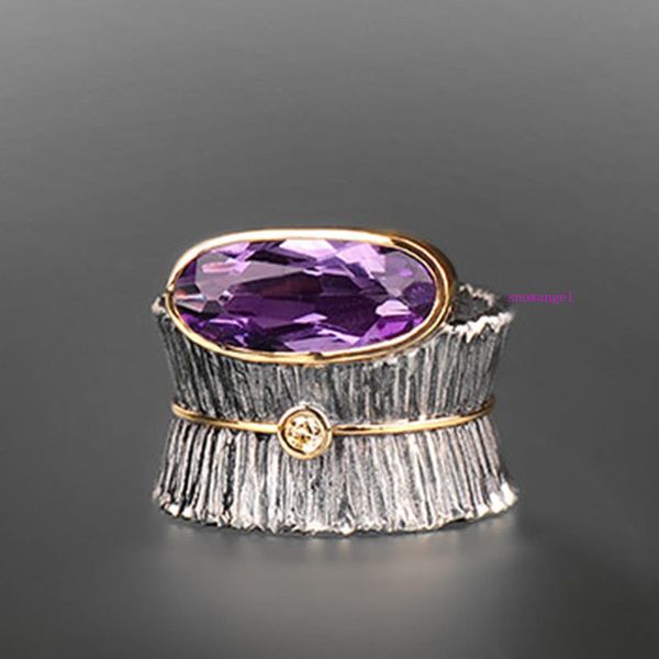 

blast temperament commuter lady purple gem two-color ring fashion exaggerated ring, Golden;silver