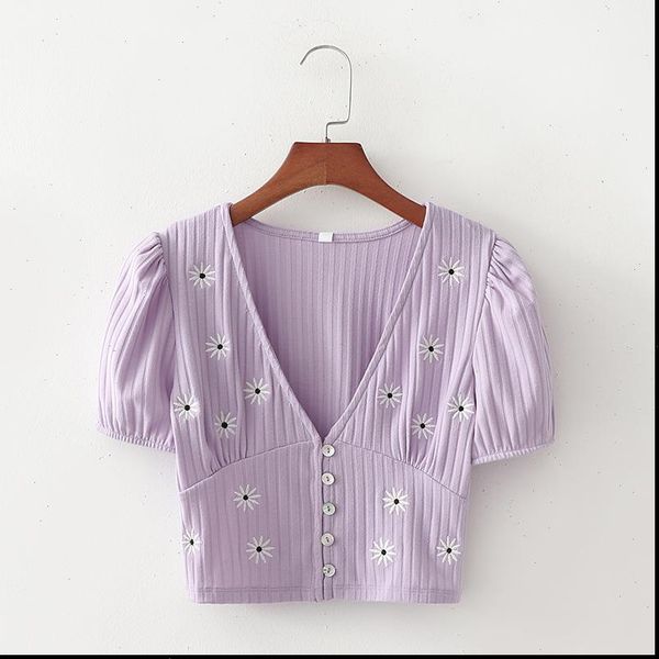 

xd3069 style little daisy embroidery short sleeve t shirt female ins womens summer wear purple v, White
