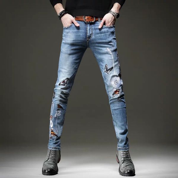 

new 2020 men's male spring and summer chinese style embroidery jeans men tide brand slim pants trousers casual, Blue