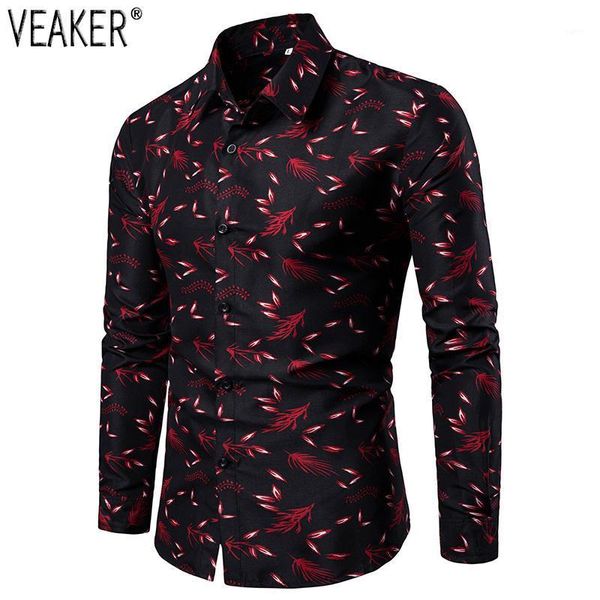 

2020 new men's printed shirts male slim fit long sleeve shirt men red black floral print casual shirts plus size -4xl1, White;black