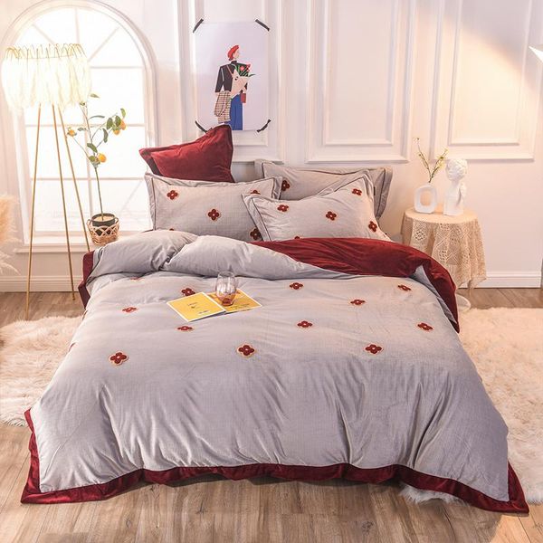 

bedding sets korean style baby velvet 4pcs duvet cover bed sheet pillowcases ab side little flowers pink green grey orange  king