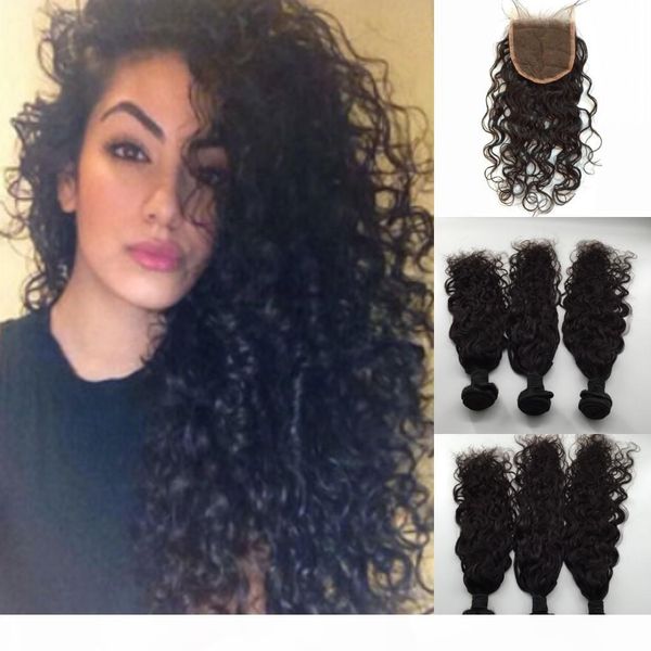 

virgin brazilian hair bundles and lace closures 100% human hair weave brazilian with lace closure brazilian water wave hair extension, Black