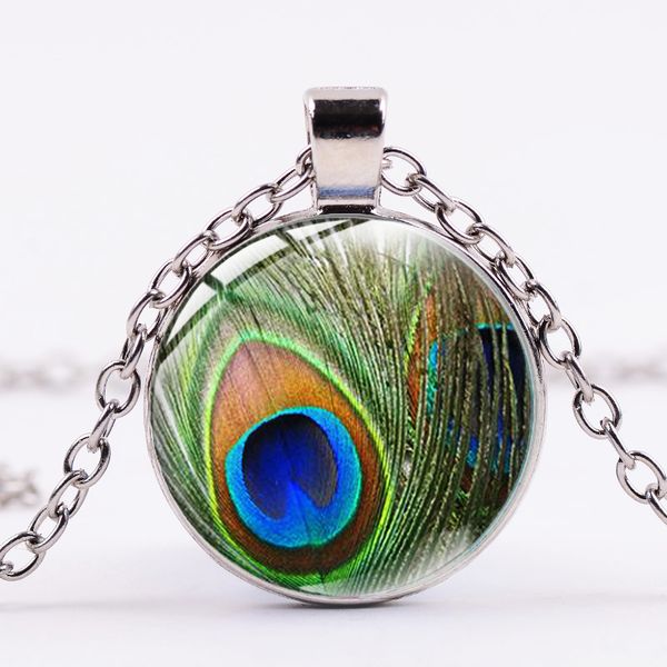 

vintage classic feather statement necklace green peacock symbol crystal cabochon art pendant long necklaces boho jewelry, Silver