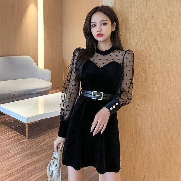 

casual dresses coigarsam patchwork women one-piece dress korean spring polka dot o-neck black 20211, Black;gray