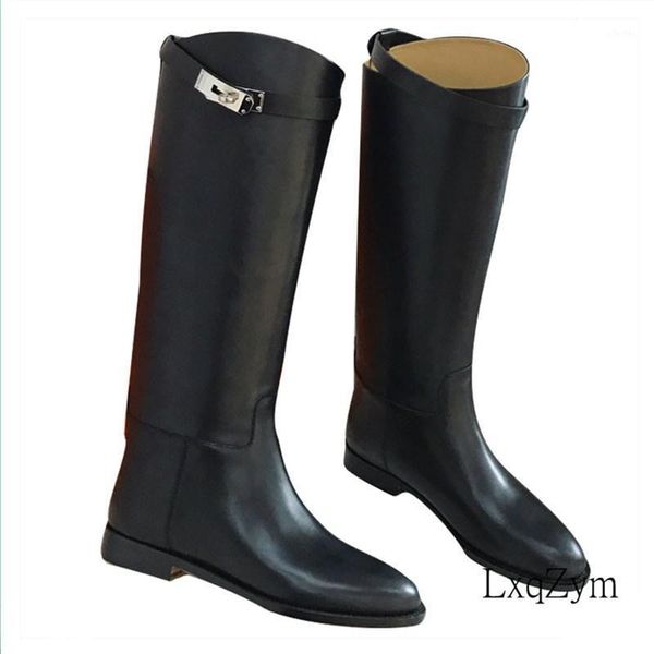 

stylish round toe women's riding equestrian boots metal buckle straps concise designer knee high shoes ladies flats1, Black