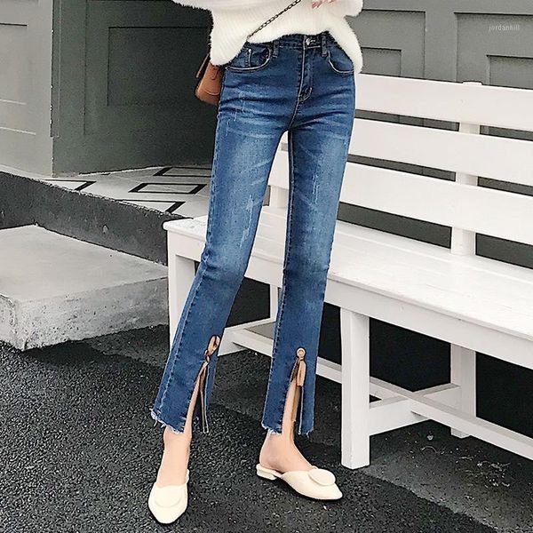 

autumn women's flare jeans 2019 new streetwear cropped pants high waist frayed split legs slim bandage jeans1, Blue