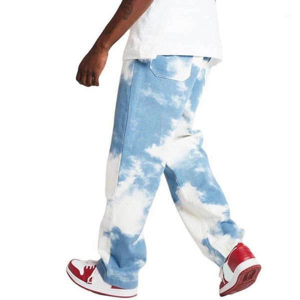

running pants vertvie men casual loose straight denim tie print sky blue long trouser jeans1, Black;blue