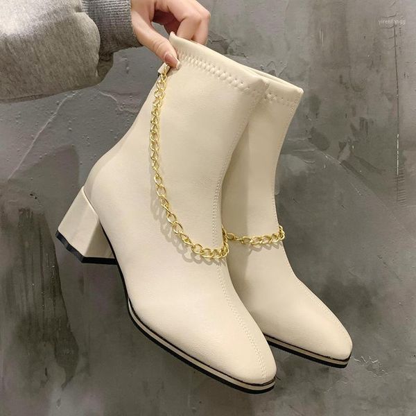 

lucyever fashion metal chain pu leather boots women elegant square toe heels ankle boots ladies elastic winter womens shoes1, Black